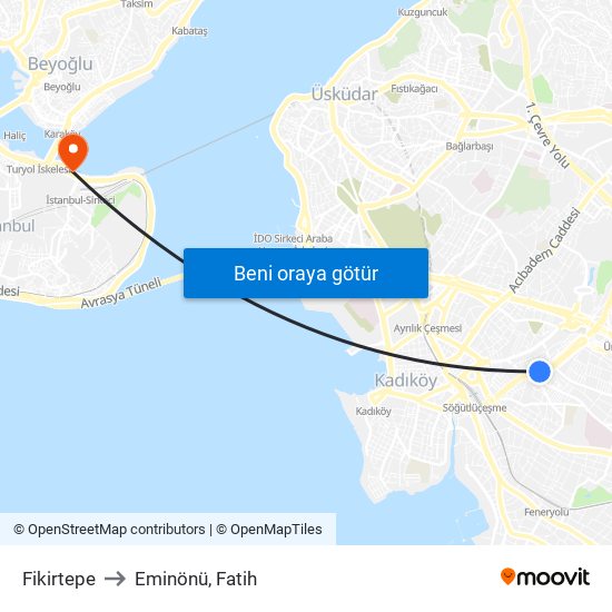 Fikirtepe to Eminönü, Fatih map
