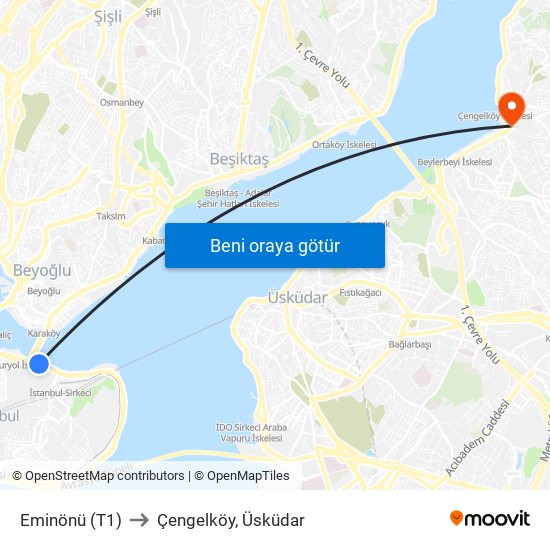 Eminönü (T1) to Çengelköy, Üsküdar map