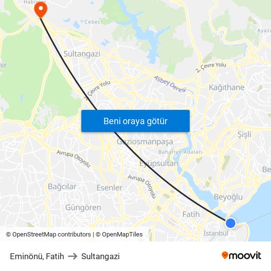 Eminönü, Fatih to Sultangazi map
