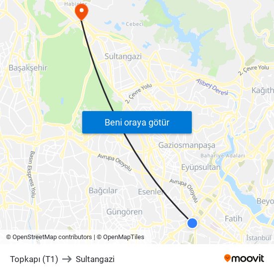 Topkapı (T1) to Sultangazi map