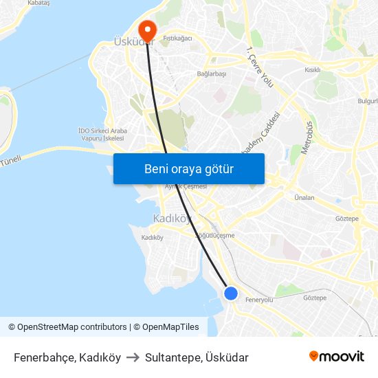 Fenerbahçe, Kadıköy to Sultantepe, Üsküdar map