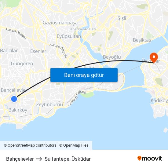 Bahçelievler to Sultantepe, Üsküdar map