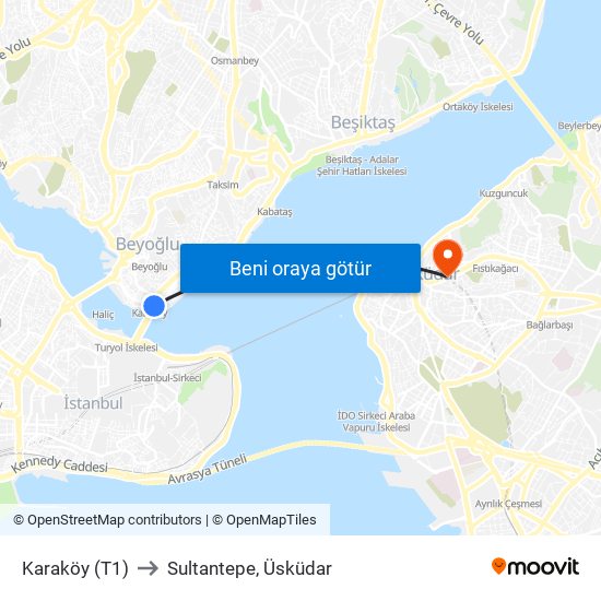 Karaköy (T1) to Sultantepe, Üsküdar map