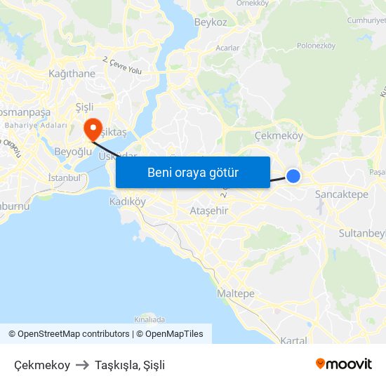 Çekmekoy to Taşkışla, Şişli map