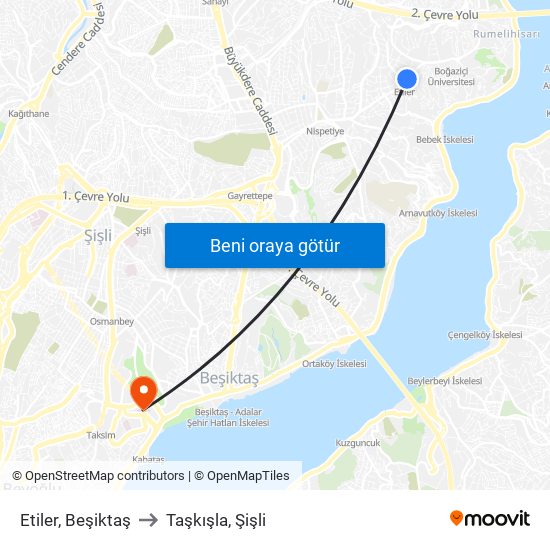 Etiler, Beşiktaş to Taşkışla, Şişli map