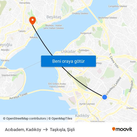 Acıbadem, Kadıköy to Taşkışla, Şişli map