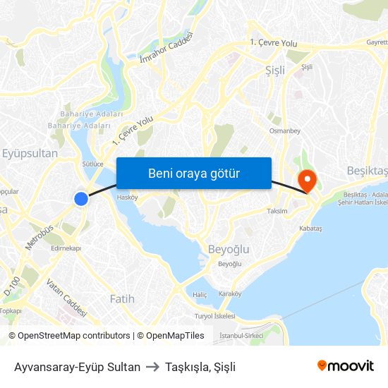 Ayvansaray-Eyüp Sultan to Taşkışla, Şişli map