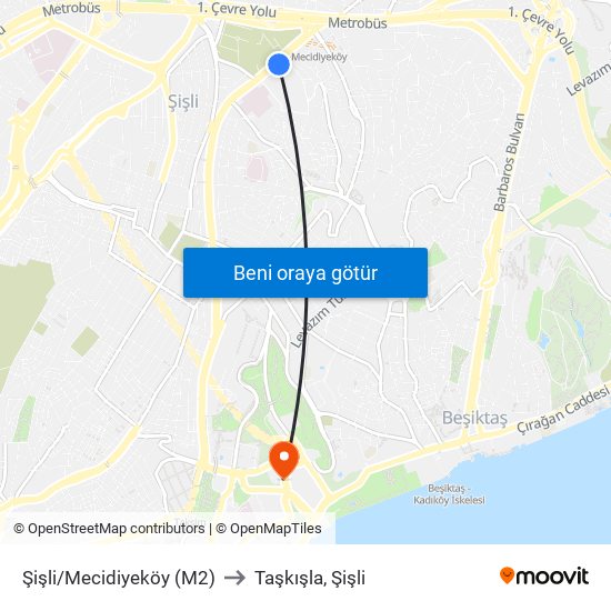 Şişli/Mecidiyeköy (M2) to Taşkışla, Şişli map