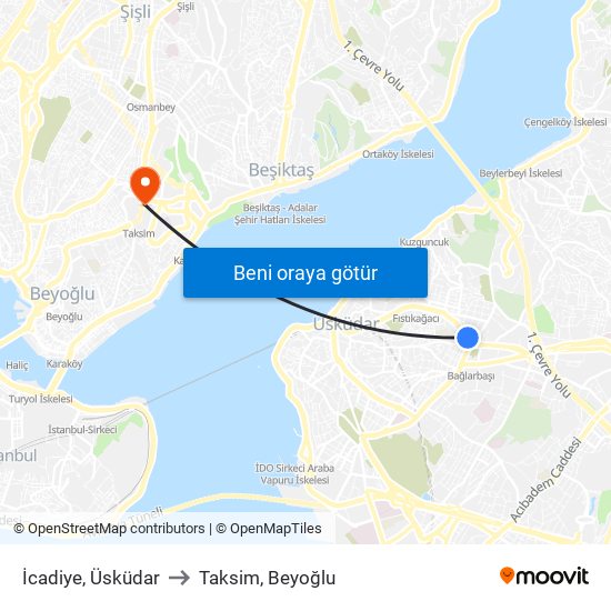 İcadiye, Üsküdar to Taksim, Beyoğlu map
