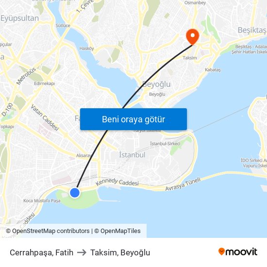 Cerrahpaşa, Fatih to Taksim, Beyoğlu map