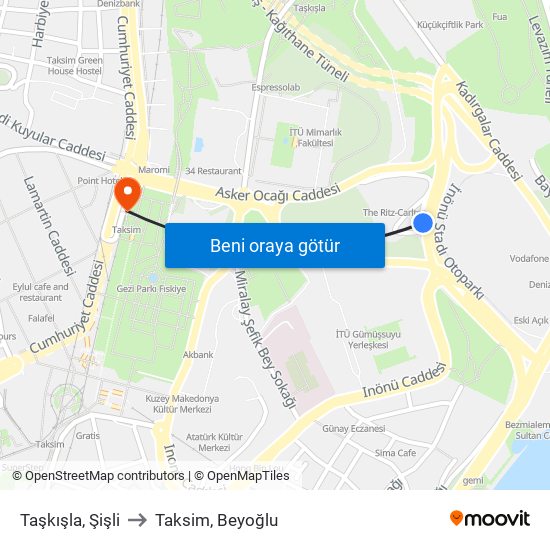 Taşkışla, Şişli to Taksim, Beyoğlu map