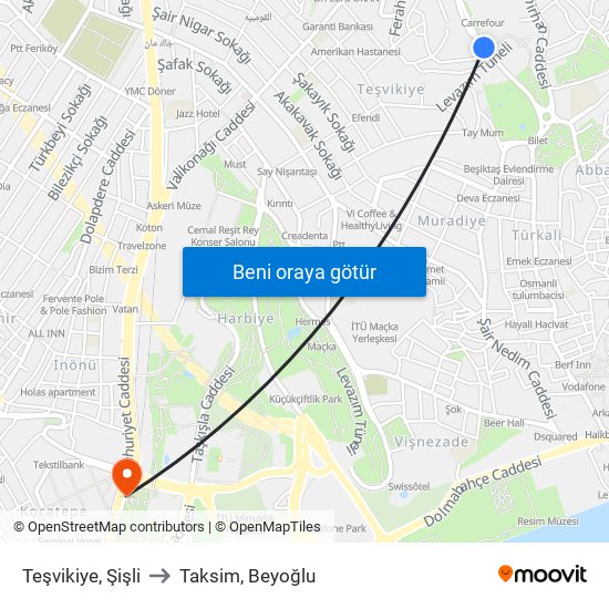 Teşvikiye, Şişli to Taksim, Beyoğlu map