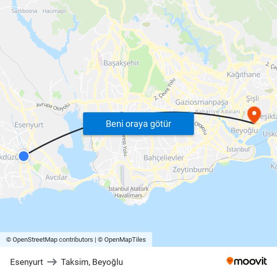 Esenyurt to Taksim, Beyoğlu map