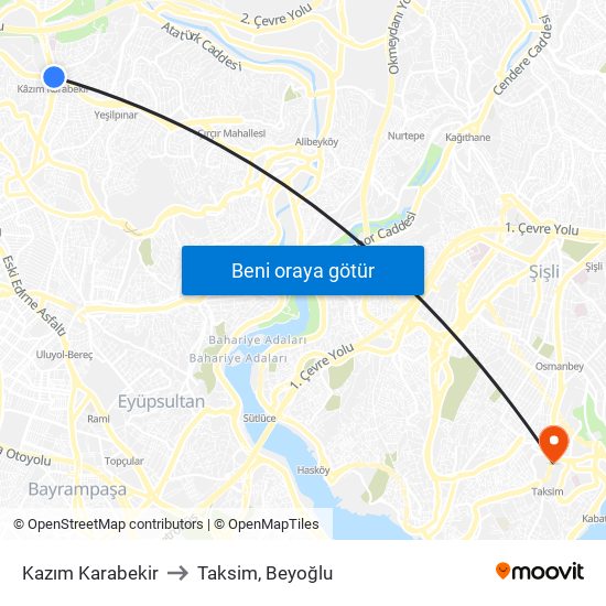 Kazım Karabekir to Taksim, Beyoğlu map