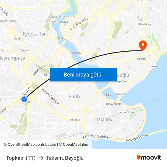Topkapı (T1) to Taksim, Beyoğlu map