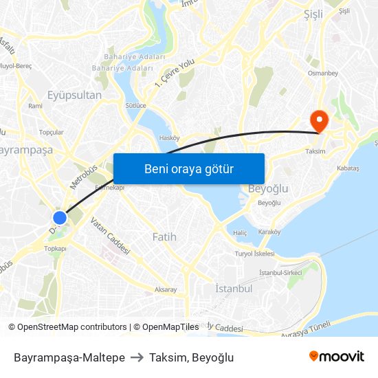Bayrampaşa-Maltepe to Taksim, Beyoğlu map