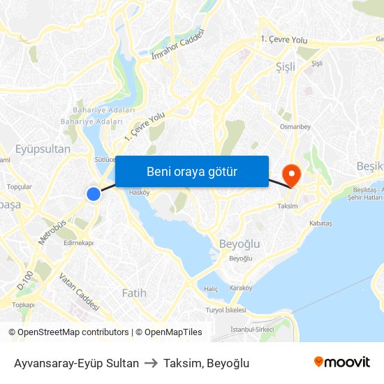 Ayvansaray-Eyüp Sultan to Taksim, Beyoğlu map