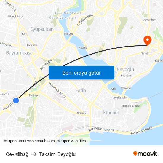Cevizlibağ to Taksim, Beyoğlu map