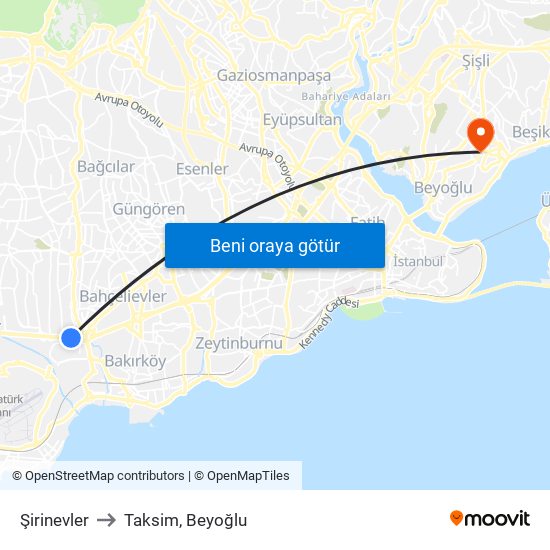 Şirinevler to Taksim, Beyoğlu map