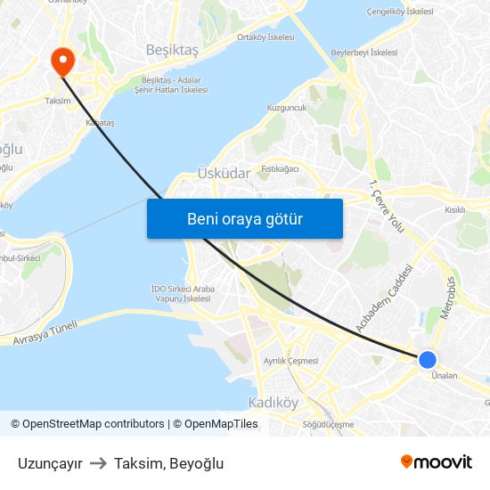 Uzunçayır to Taksim, Beyoğlu map
