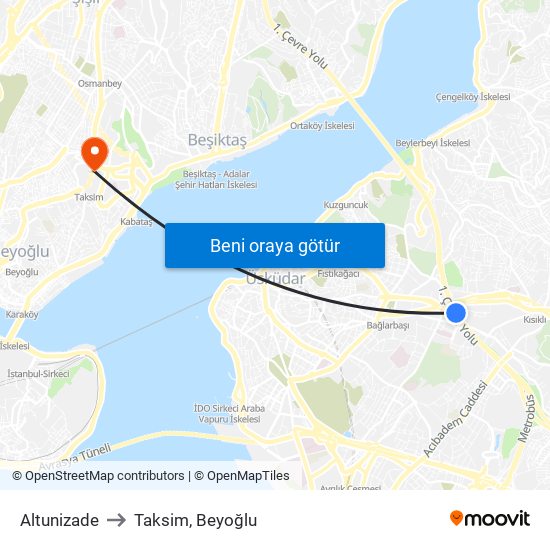 Altunizade to Taksim, Beyoğlu map