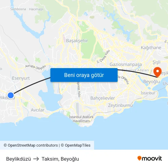 Beylikdüzü to Taksim, Beyoğlu map
