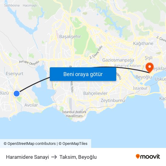 Haramidere Sanayi to Taksim, Beyoğlu map