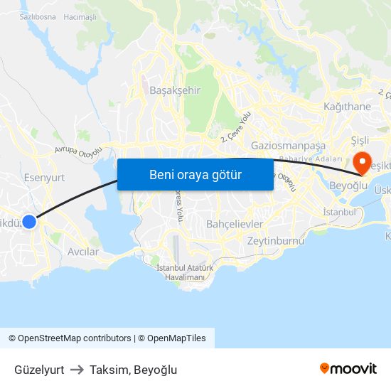 Güzelyurt to Taksim, Beyoğlu map