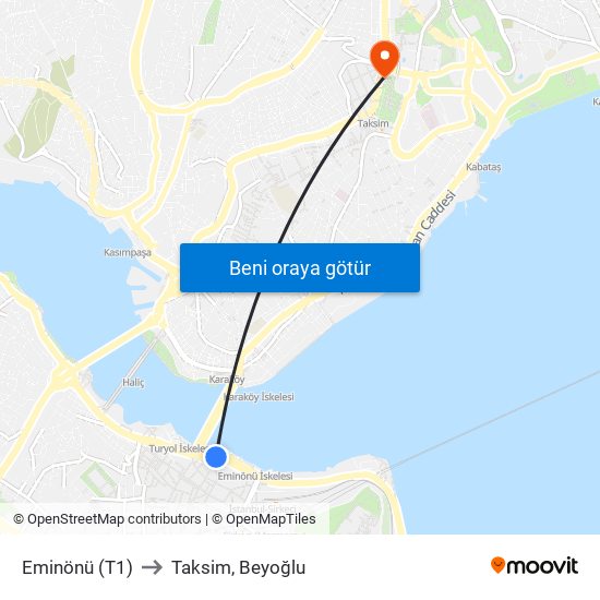 Eminönü (T1) to Taksim, Beyoğlu map