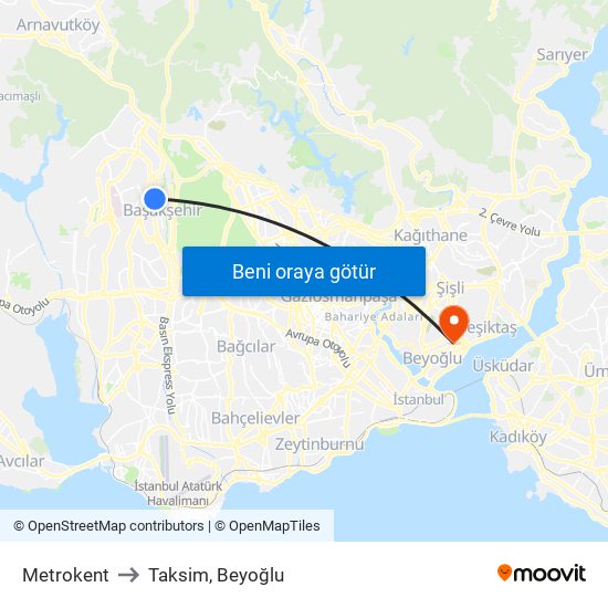 Metrokent to Taksim, Beyoğlu map
