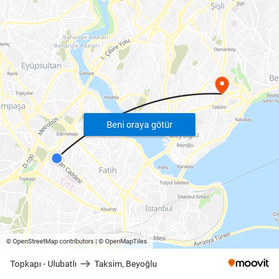 Topkapı - Ulubatlı to Taksim, Beyoğlu map