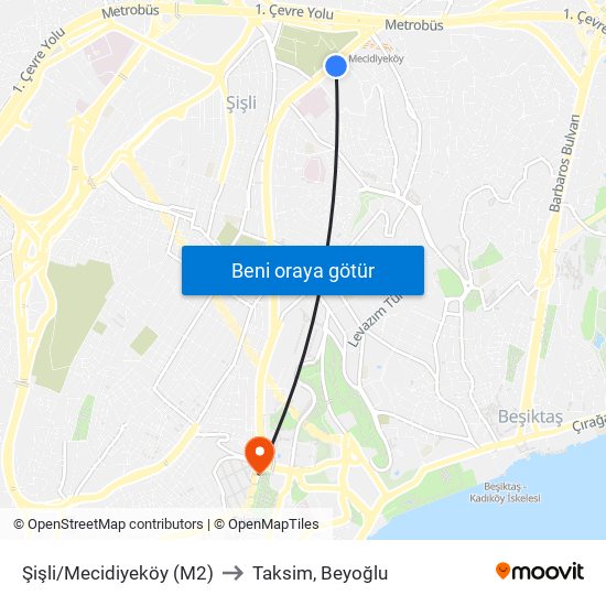 Şişli/Mecidiyeköy (M2) to Taksim, Beyoğlu map