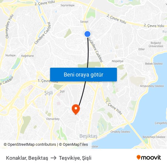 Konaklar, Beşiktaş to Teşvikiye, Şişli map