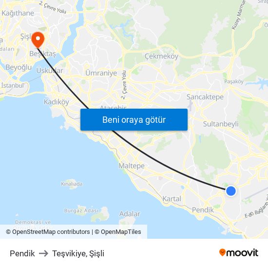 Pendik to Teşvikiye, Şişli map