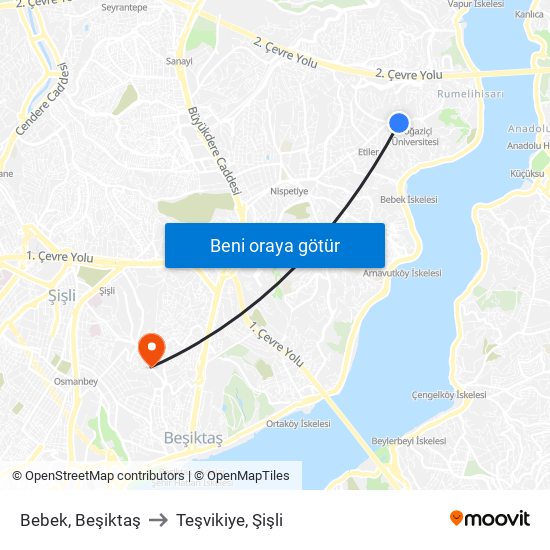 Bebek, Beşiktaş to Teşvikiye, Şişli map