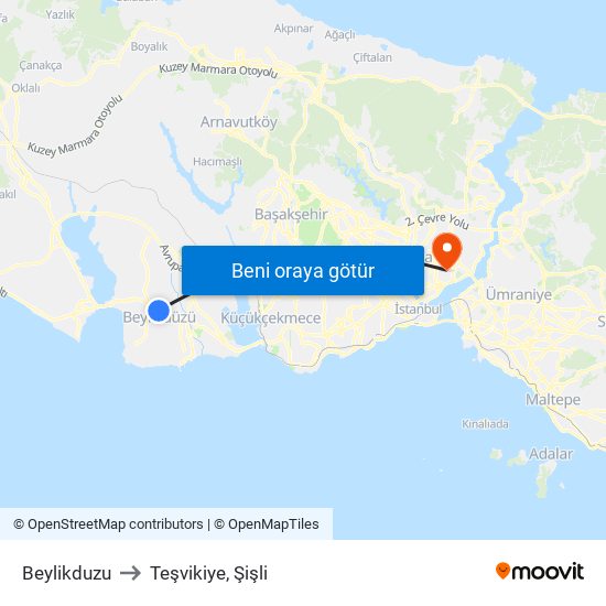 Beylikduzu to Teşvikiye, Şişli map