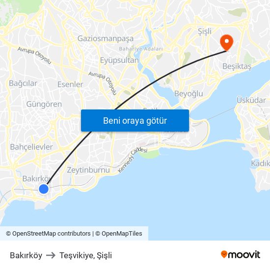 Bakırköy to Teşvikiye, Şişli map