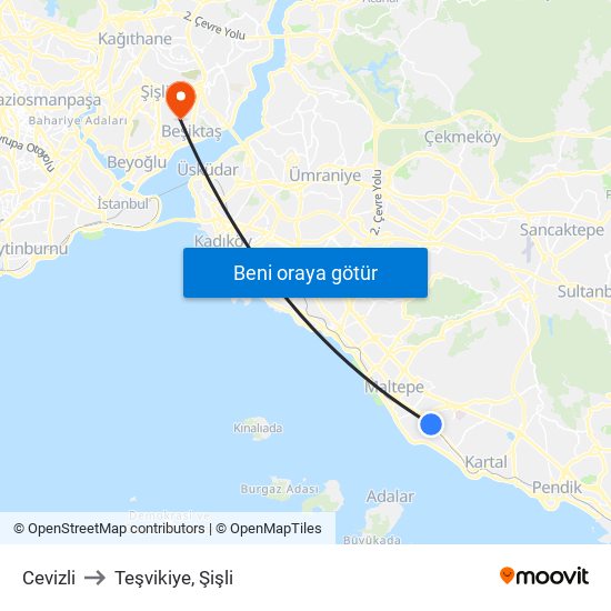 Cevizli to Teşvikiye, Şişli map