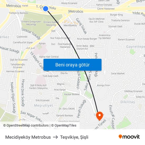 Mecidiyeköy Metrobus to Teşvikiye, Şişli map