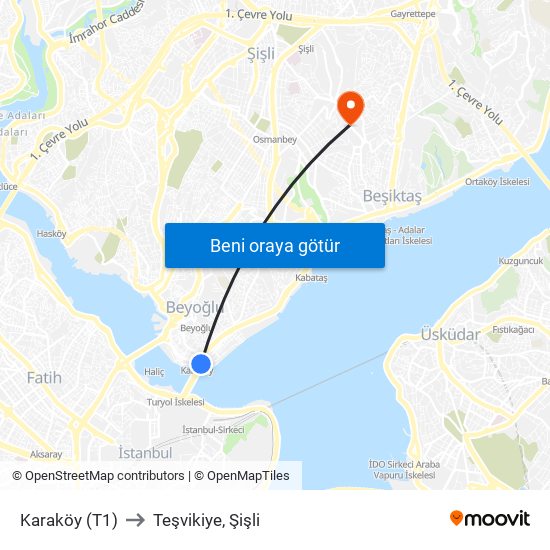 Karaköy (T1) to Teşvikiye, Şişli map