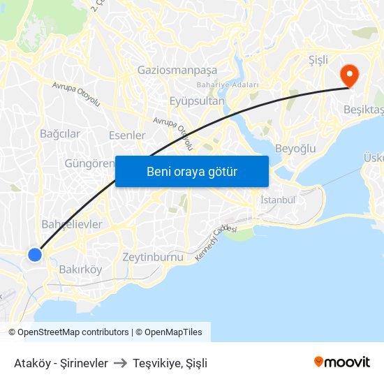 Ataköy - Şirinevler to Teşvikiye, Şişli map