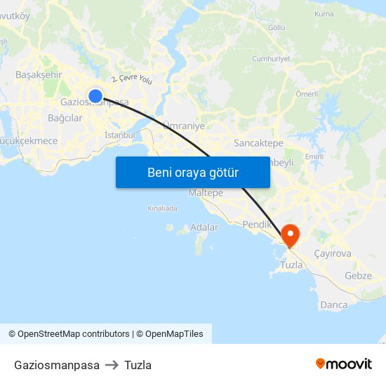 Gaziosmanpasa to Tuzla map
