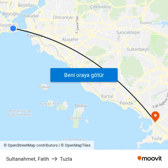 Sultanahmet, Fatih to Tuzla map