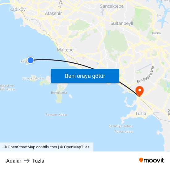 Adalar to Tuzla map