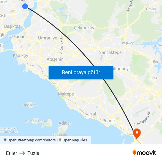 Etiler to Tuzla map