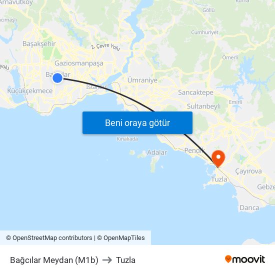 Bağcılar Meydan (M1b) to Tuzla map