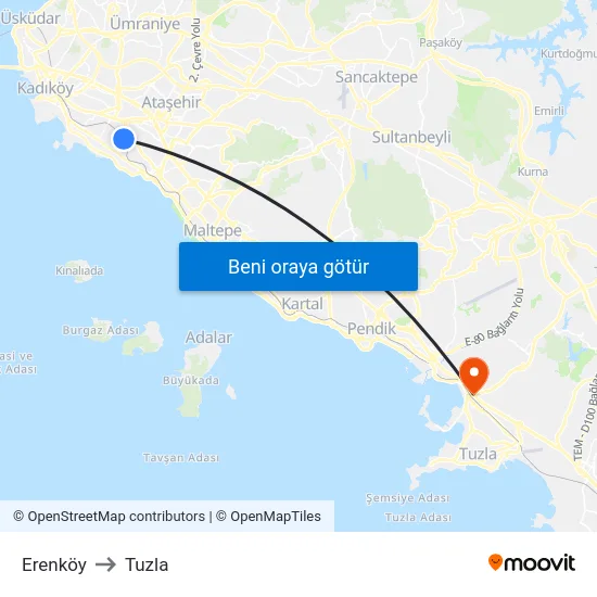 Erenköy to Tuzla map