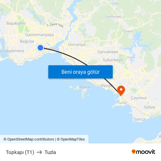 Topkapı (T1) to Tuzla map