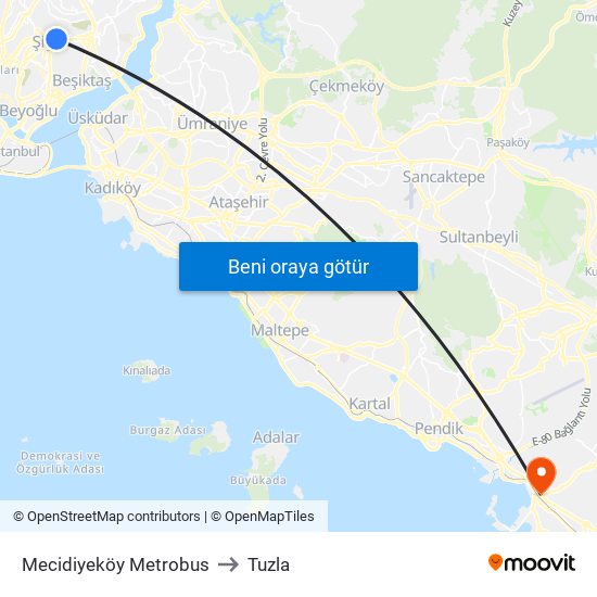 Mecidiyeköy Metrobus to Tuzla map