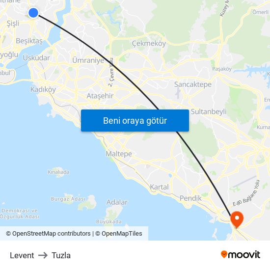 Levent to Tuzla map